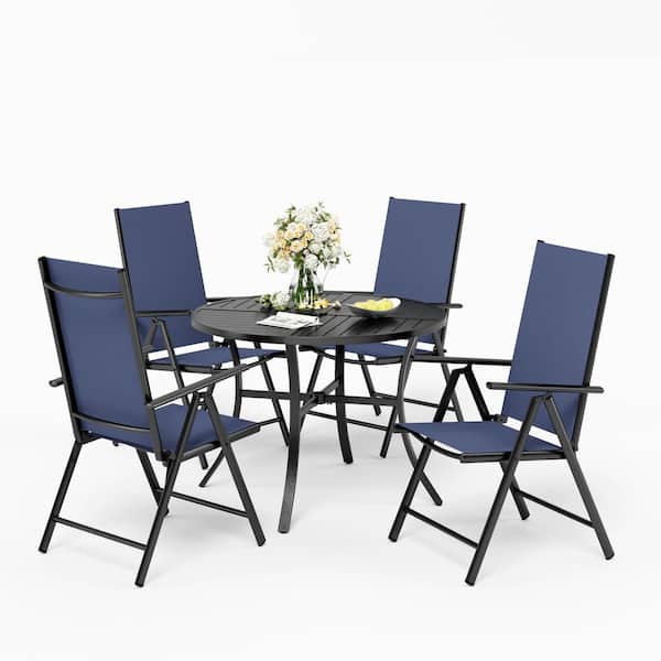PHI VILLA 5-Piece Metal Patio Outdoor Dining Set with Round Table and Blue Reclining Folding Sling Chair
