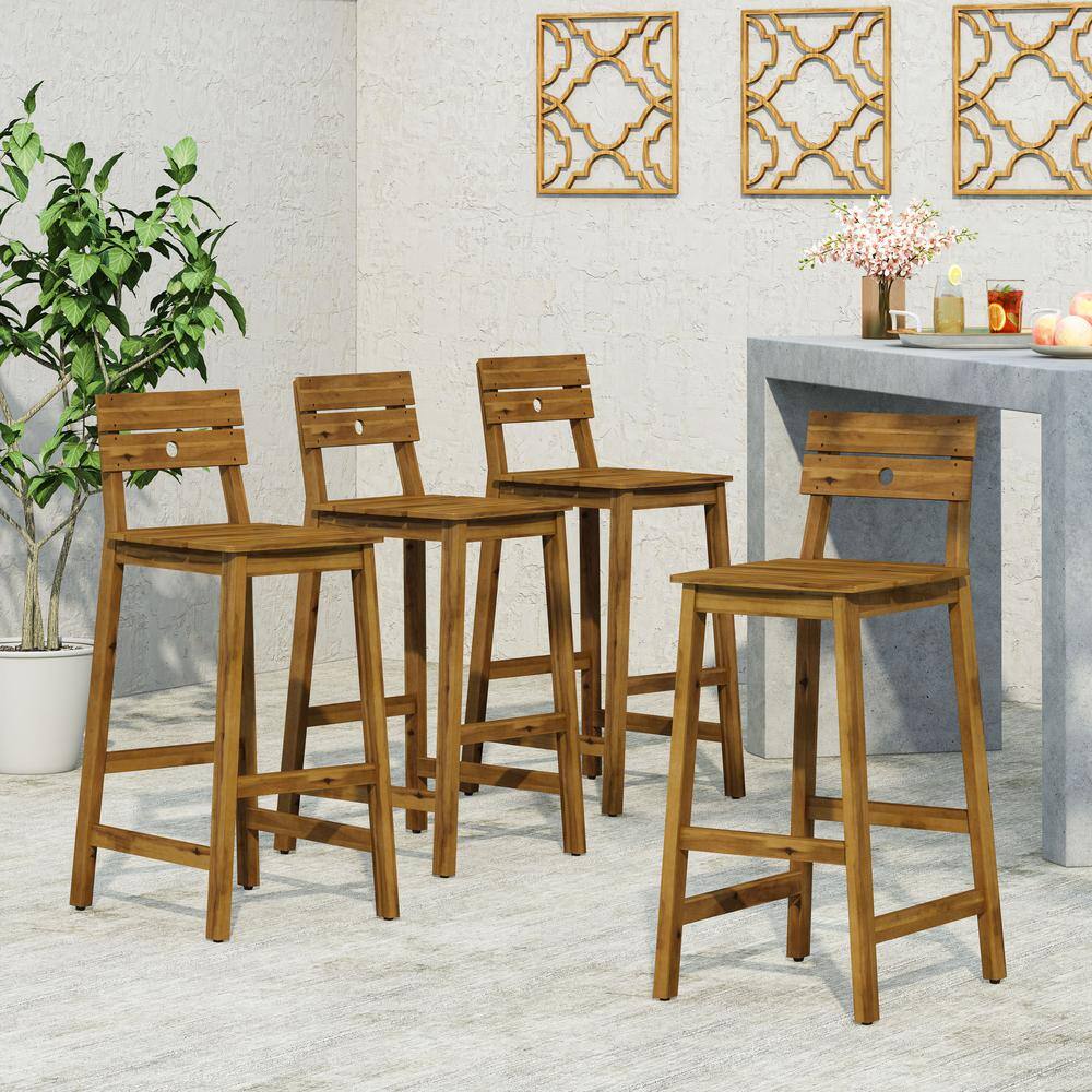 Rustic Teak Finish Outdoor Bar Stool with Splayed H-Frame Legs