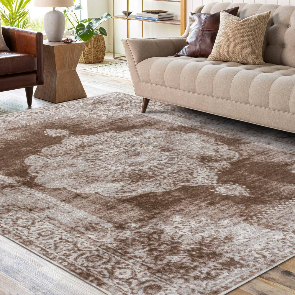 Ivory and Brown Medallion Synthetic 8' x 10' Area Rug