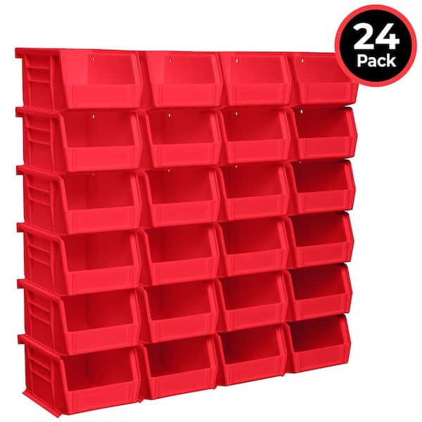 Heavy Duty Stackable Plastic Storage Totes, 4 1/8 in. L x 5 3/8 in. W x 3 in. H, Each Holds 10 lbs., Red, (24-Pack)