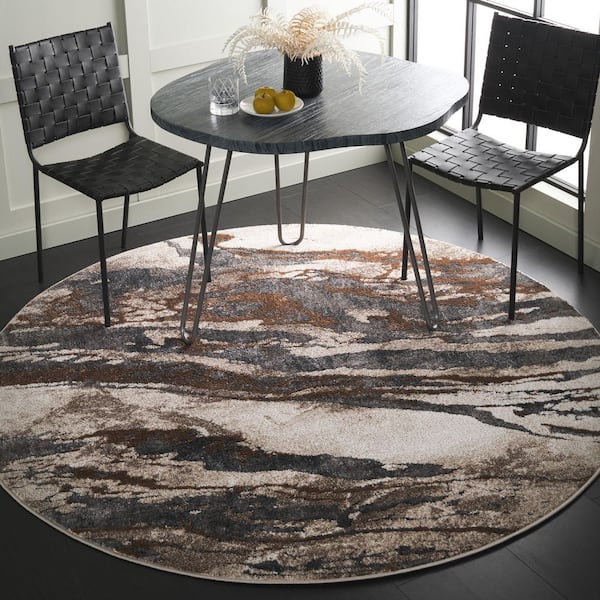 Pacific 4 ft. x 4 ft. Dark Gray/Beige Monochrome Marble Round Area Rug