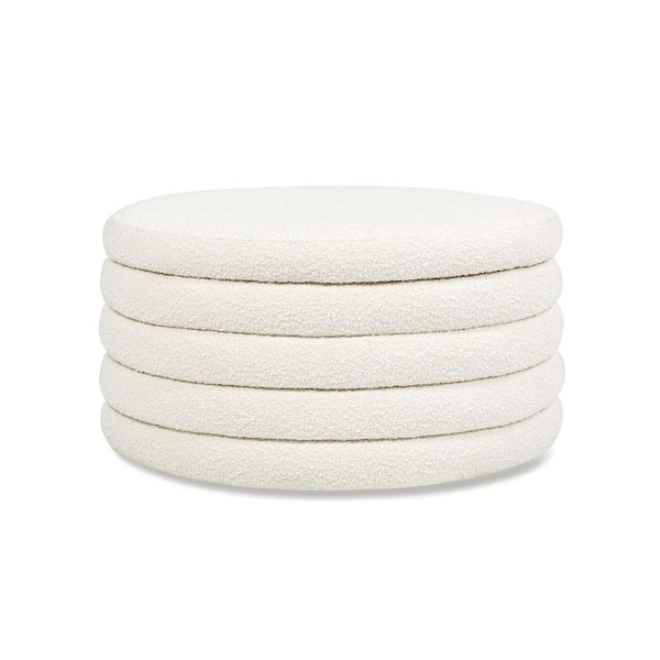 Fuji 36 in. Round Polyester Upholstered Storage Cocktail Ottoman, Ivory White Boucle