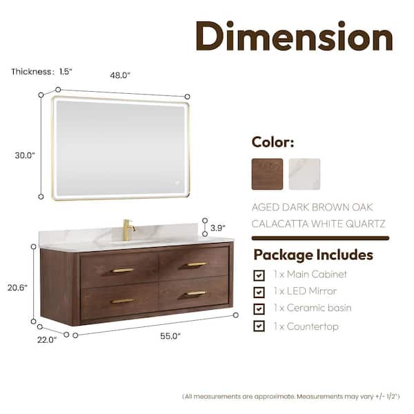 Cristo 55 in. W x 22 in. D x 20.6 in. H Single Sink Bath Vanity in Dark Brown with White Quartz Stone Top and Mirror