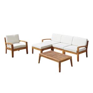 Grenada Teak Brown 6-Piece Wood Patio Conversation Sectional Seating Set with Beige Cushions