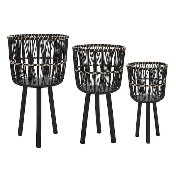 15 in., 13 in., and 11 in. Black Wood Round Planter on Stand (Set of 3)