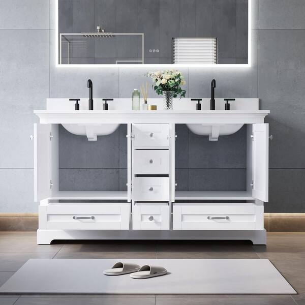 60 in. Solid Wood Double Sink Freestanding White Bath Vanity with Pure White Cultured Marble Top Assembled