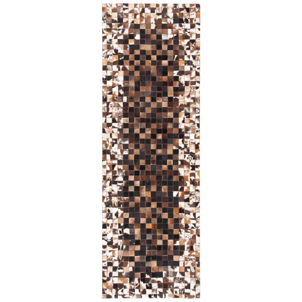 Hand-Stitched Geometric Beige & Brown Cowhide Area Rug