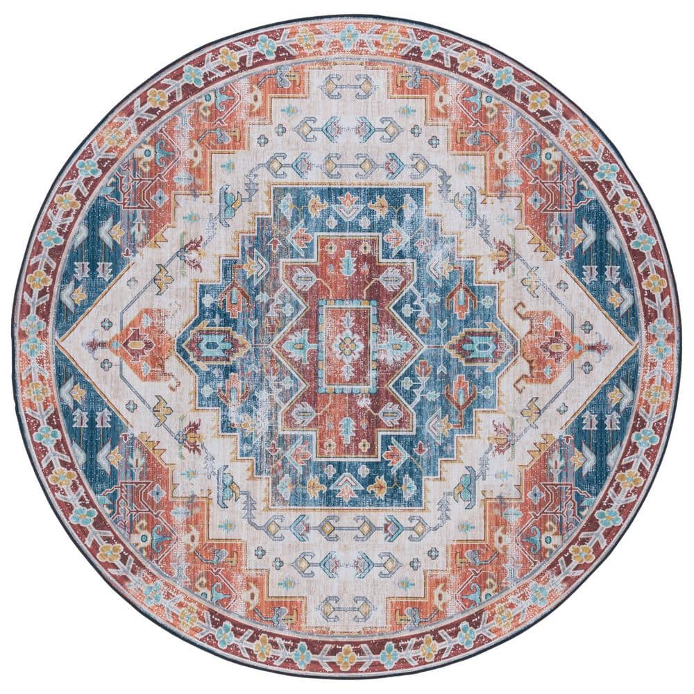 Tuscon Blue/Rust 6 ft. x 6 ft. Machine Washable Ikat Floral Round Area Rug price history on PriceWatchPro