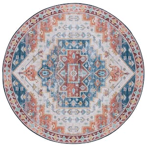 Tuscon Blue/Rust 6 ft. x 6 ft. Machine Washable Ikat Floral Round Area Rug