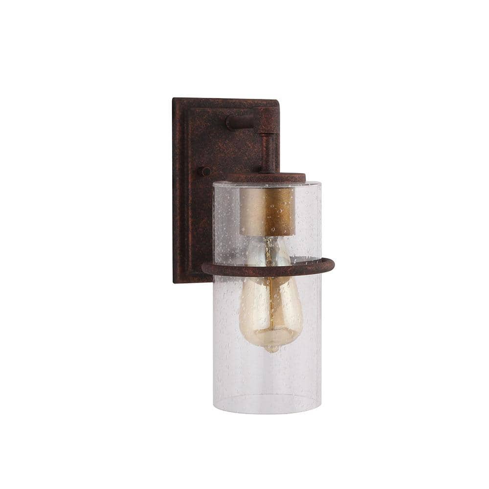 Eglo Brandel 1-Light Rust Outdoor Wall Light Sconce with Gold Accent and Clear Seedy Glass Shade -  204543A