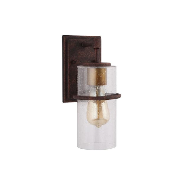 Eglo Brandel 1-Light Rust Outdoor Wall Light Sconce with Gold Accent and Clear Seedy Glass Shade