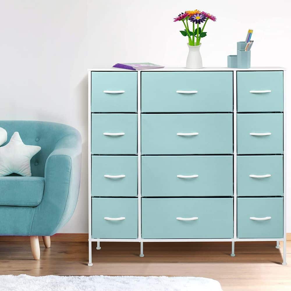 Aqua 12-Drawer Fabric Dresser with Steel Frame