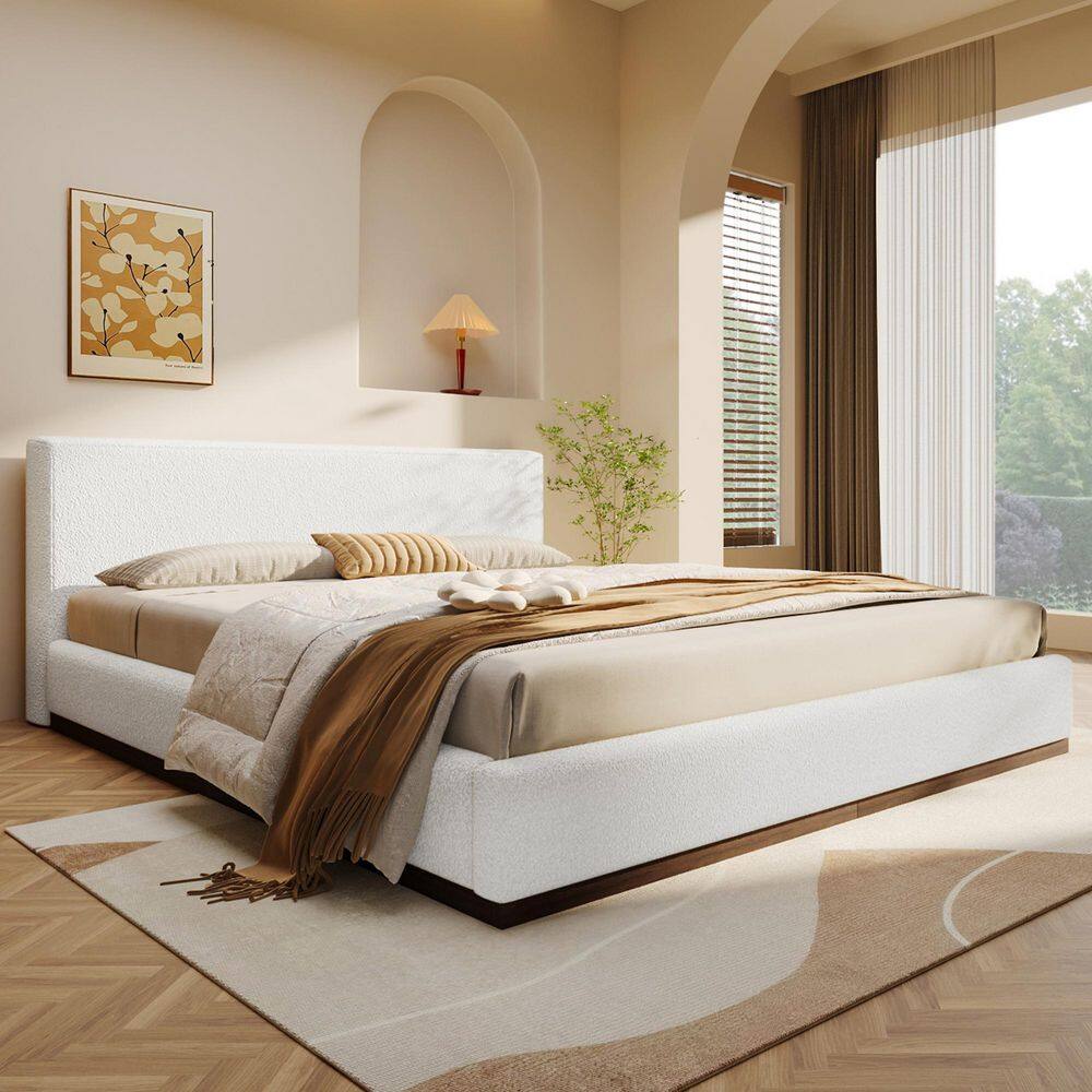 Penn White Boucle Fabric Upholstered Solid Wood Frame Queen Size Platform Bed with Headboard