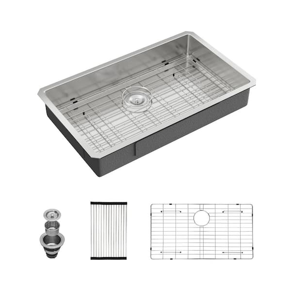 30 in. Undermount ADA Kitchen Sink in Single Bowl Brushed 16 Gauge Stainless Steel with Bottom Grid and Accessories
