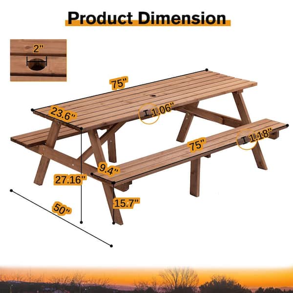 75 in. Dark Brown Rectangle Wood Picnic Tables with 2-Benches and
