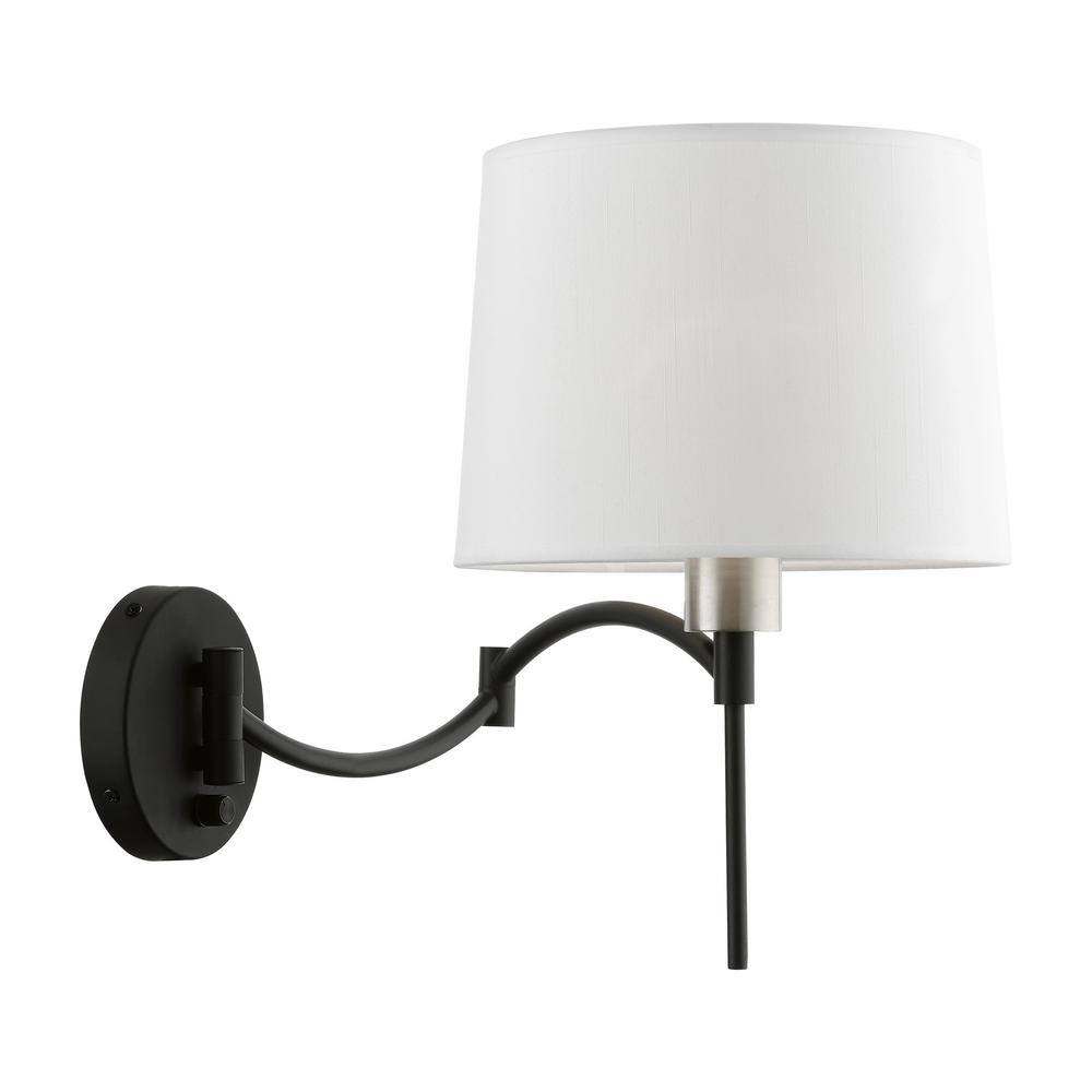 Black and Brushed Nickel Swing Arm Wall Lamp with Off-White Shade