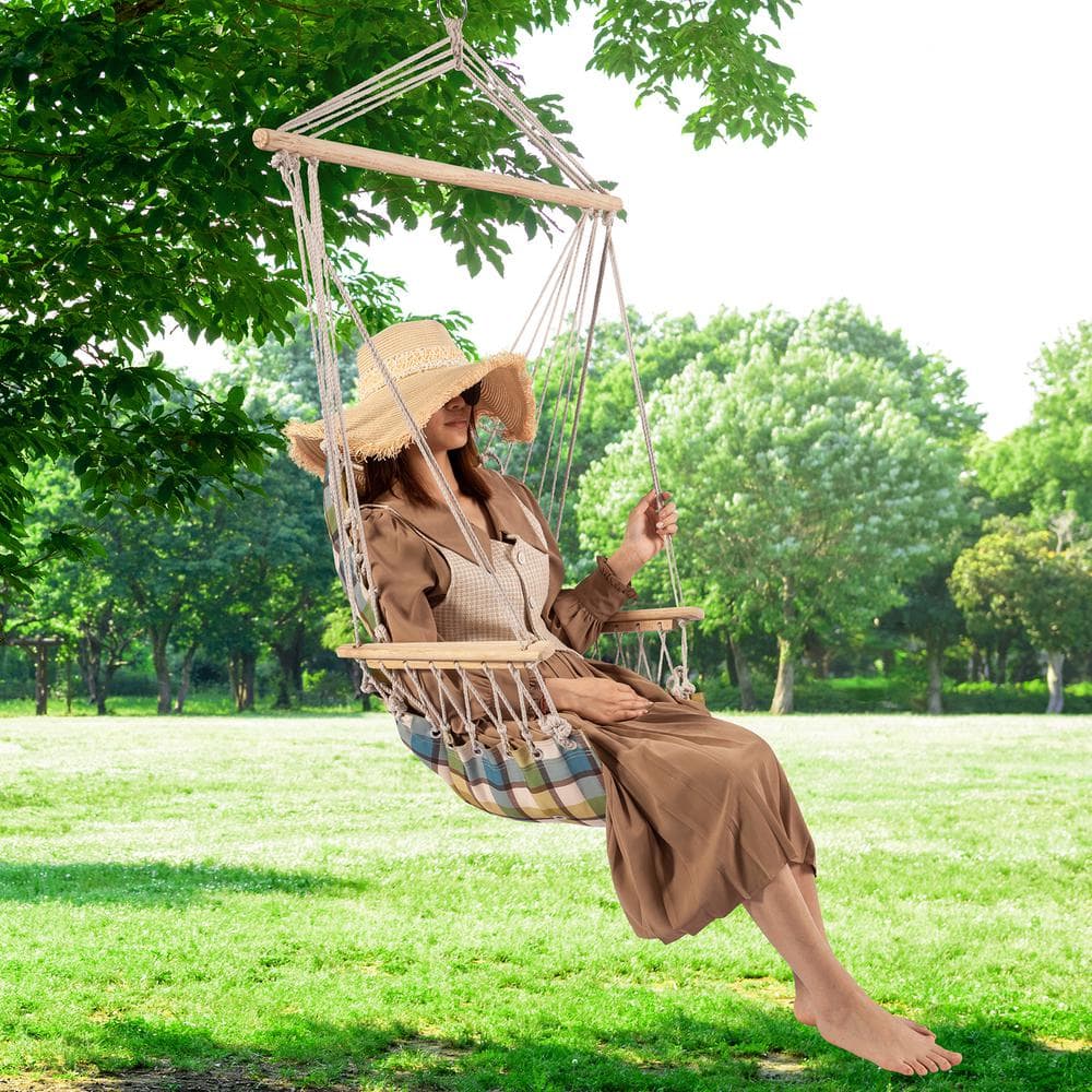 Extra Padded Green Plaid Hanging Chair with Wooden Armrests