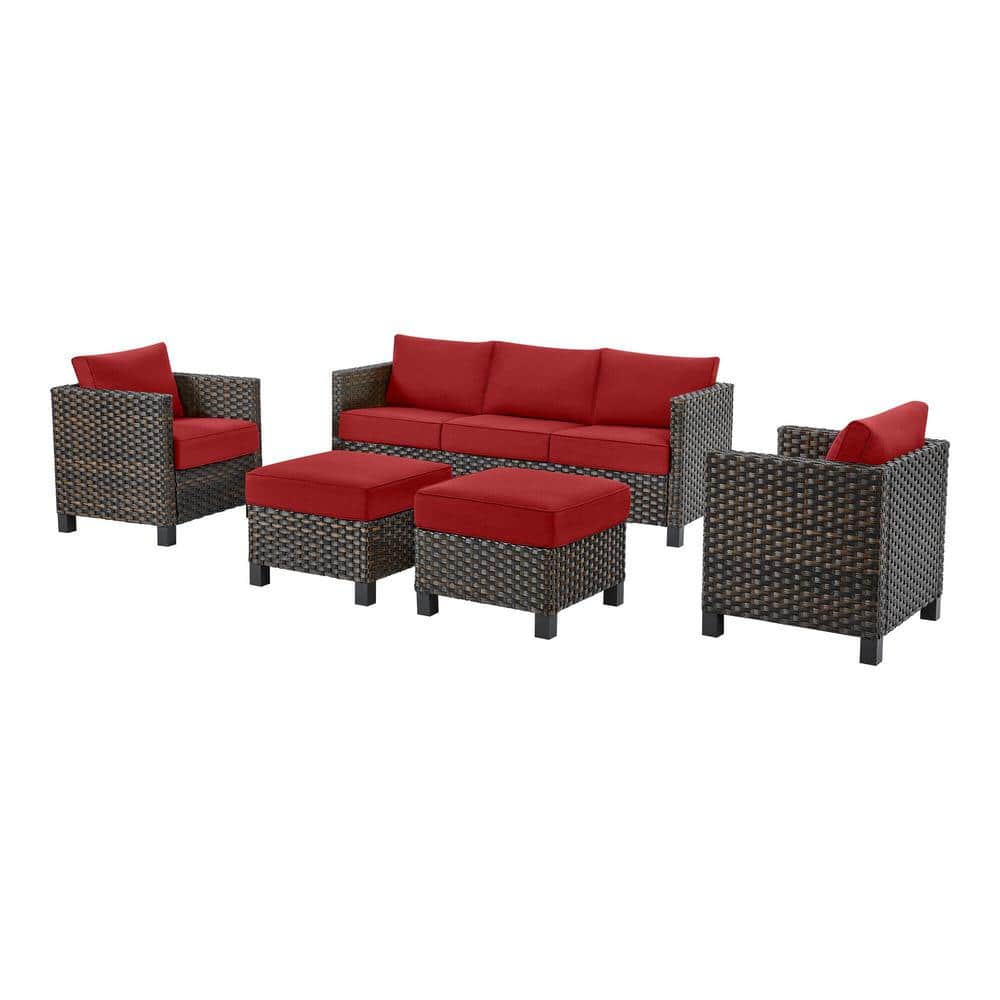 StyleWell  Sharon Hill 5-Piece Wicker Patio Conversation with Chili Cushions - 2