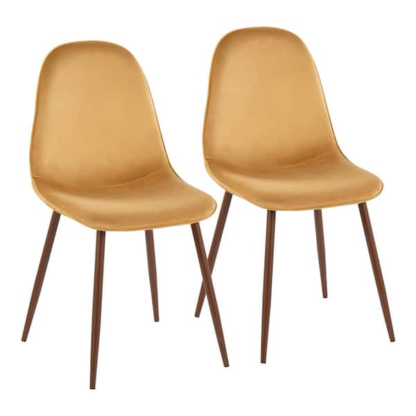 Lumisource Pebble Yellow Velvet and Walnut Metal Side Dining Chair (Set of 2)