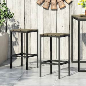 Black Grey Metal and Wood Outdoor Bar Stool, 30 in. H Patio Dining Chairs for Backyard Garden (2-Pack)