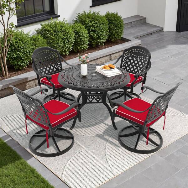 Isabella 5-Piece Cast Aluminum Patio Outdoor Dining Set with Round Dining Table, 4 Swivel Chairs and 4 Red Cushions