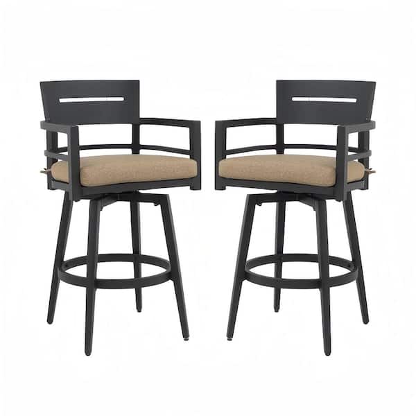 Black Aluminum Swivel Outdoor Bar Stools with Sunbrella Linen Color Cushion (Set of 2)
