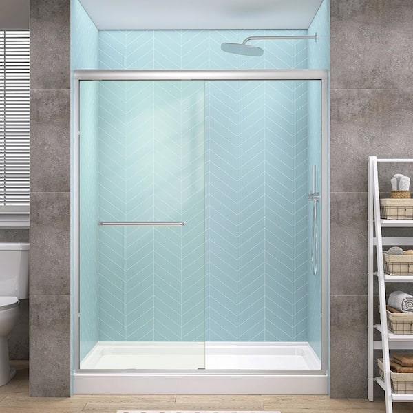 Getpro 56 in.-60 in. W x 72 in. H Double Sliding Framed Alcove Bypass Shower Door in Brushed Nickel with 1/4 in. Clear Glass