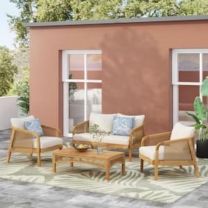 4 piece acacia Wood Outdoor Patio Sofa Sectional Chat Set with Solid Wood Coffee Table and Beige Cushions