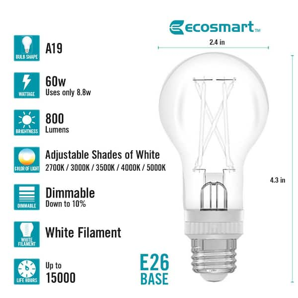 60-Watt Equivalent A19 Dimmable White Filament CEC Clear Glass E26 Medium Base LED Light Bulb Selectable White (1-Pack)