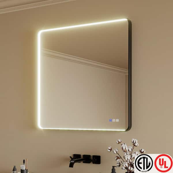 36 in. W x 36 in. H Rectangular Aluminum Framed Light Dimmable Anti-Fog LED Wall Bathroom Vanity Mirror in Black