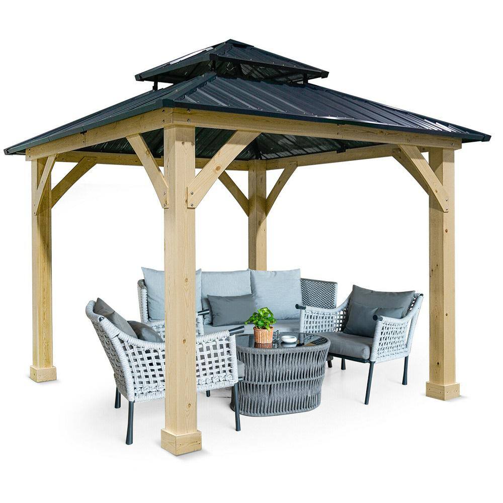 10'x10' Gray Steel Roof Solid Wood Frame Patio Gazebo