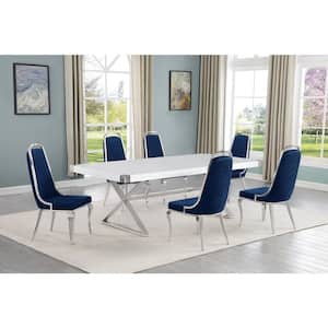Miguel 7-Piece Rectangle White Wood Top Silver Stainless Steel Dining Set with 6 Navy Blue Chairs