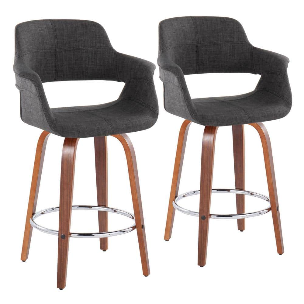 Lumisource Vintage Flair 25.5 in. Charcoal Fabric, Walnut Wood & Chrome Metal Fixed-Height Counter Stool Round Footrest (Set of 2)