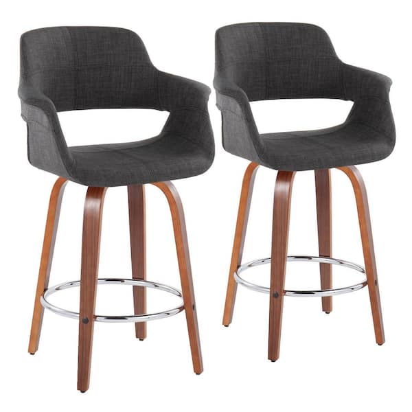 Lumisource Vintage Flair 25.5 in. Charcoal Fabric, Walnut Wood & Chrome Metal Fixed-Height Counter Stool Round Footrest (Set of 2)