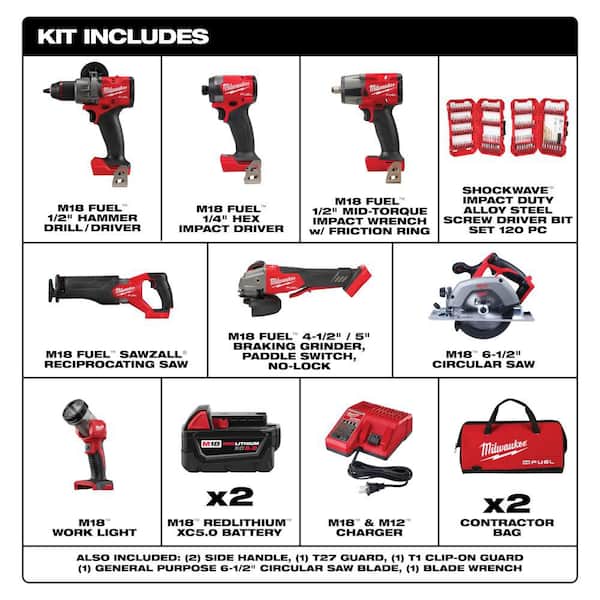 M18 FUEL 18V Lith-Ion Brushless Cordless Combo Kit w/ Two 5.0 Ah Batteries, Charger, 2 Tool Bags, & Bit Set (7-Tool)