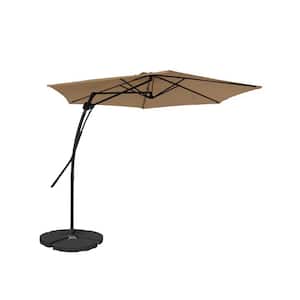 10 ft. Hexagon Tan Offset Patio Umbrella with 4-Piece Umbrella Base