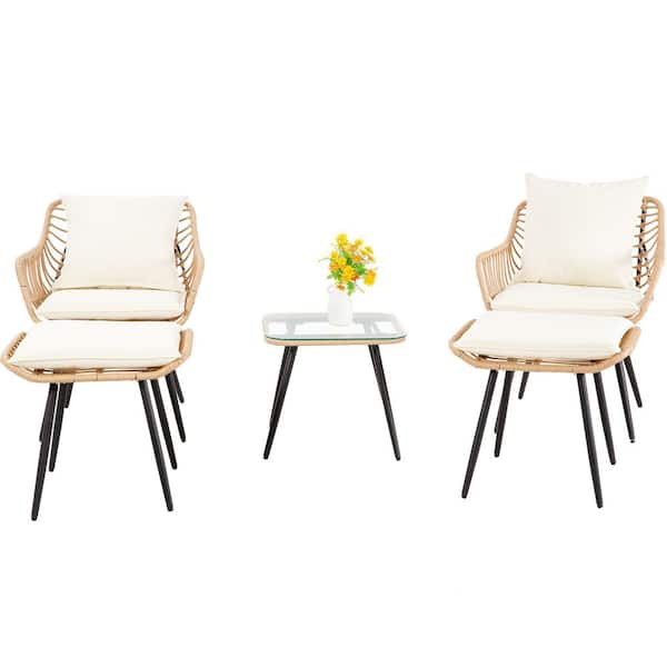 Ottoman 5-Piece Wicker Patio Conversation Set with Beige Cushions