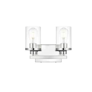 Simply Living 12 in. 2-Light Modern Chrome Vanity Light with Clear Cylinder Shade