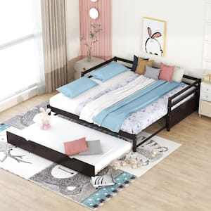 Espresso Twin or Double Twin Daybed with Trundle, Wooden Extendable Daybed Frame for Kids Teens Bedroom