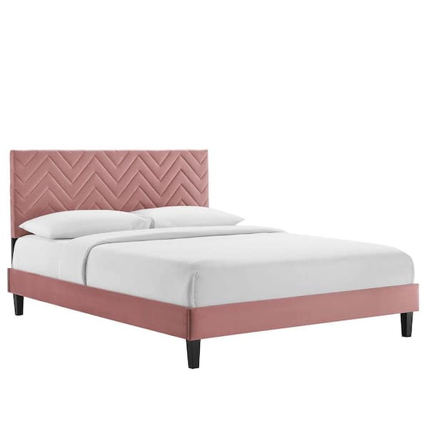 MODWAY Leah Chevron Tufted Red Performance Velvet Frame Queen Platform Bed with Tapered Black Wood Legs