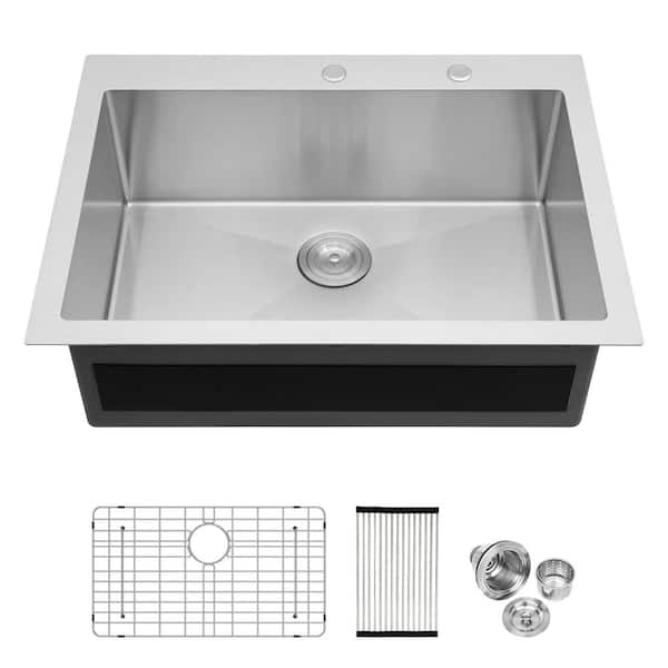 30 in. Top Mount/Drop-In Single Bowl 16-Gauge Brushed Nickle Stainless Steel Wider Rim Kitchen Sink with Bottom Grid