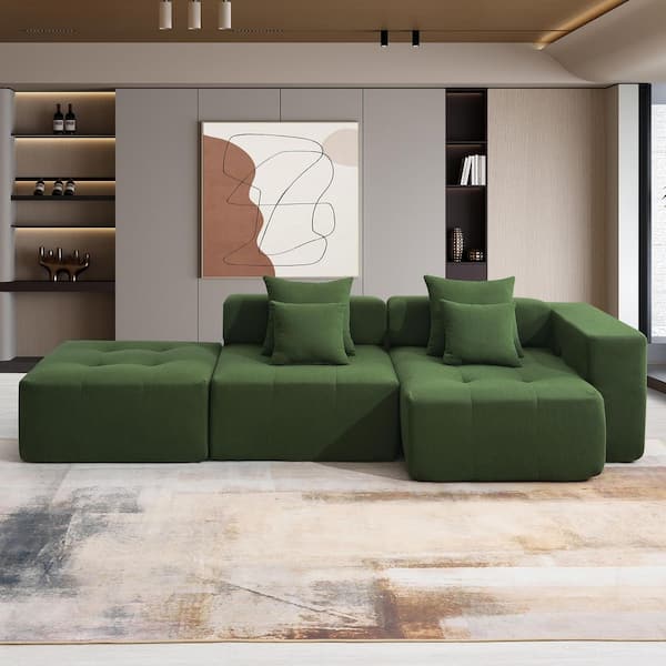105.5 in. W Corduroy Fabric L Shaped Modular Sectional Sofa in Green and Wrinkle-Resistant, Compressed and No Assembly
