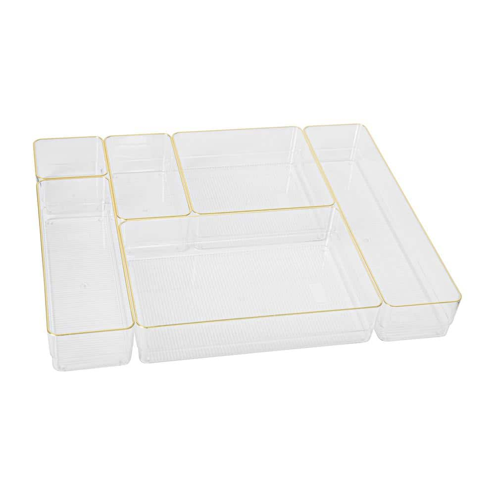 Martha Stewart 6pc Plastic Stackable Office Desk Drawer Organizers with Gold Trim Clear