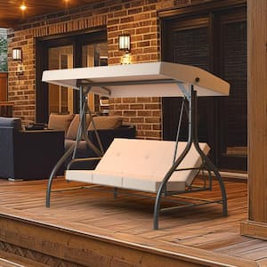 3-Seat Outdoor Metal Porch Swing with Upgraded Thickened Cushions and Adjustable Canopy, Cream White