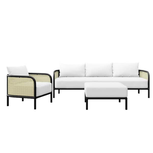 MODWAY Hanalei 3-Piece Aluminum Outdoor Patio Furniture Set with Ivory White Cushions