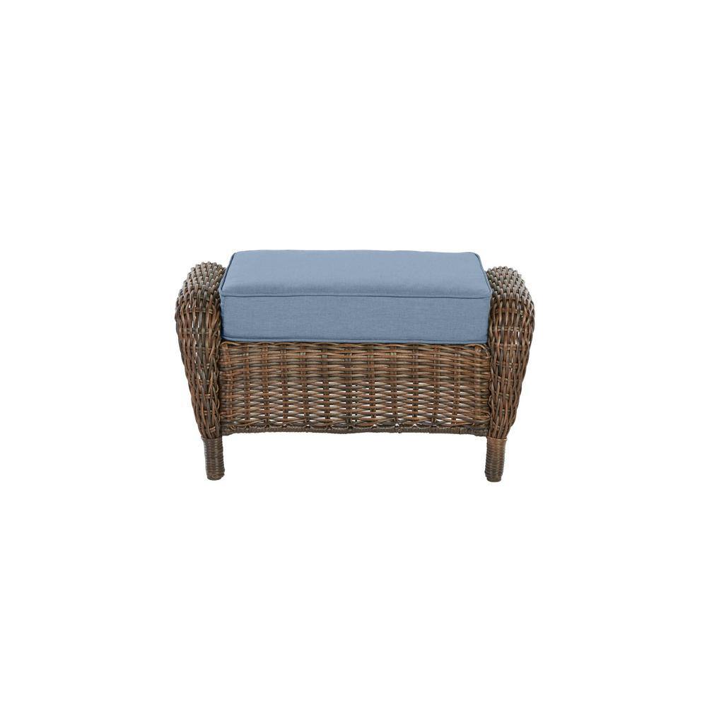 Hampton Bay Cambridge Brown Wicker Outdoor Patio Ottoman with Sunbrella Denim Blue Cushions H046-01212300 Sansujyuku sansujyuku.com