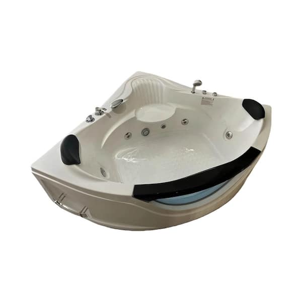 59 in. x 59 in. 2-Person Corner Whirlpool Bathtub with Center Drain and Hydro Massage in Milk White