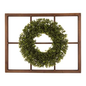 18 in. Artificial Dia Boxwood Wreath with 28 in. Artificial H Wooden Window Frame