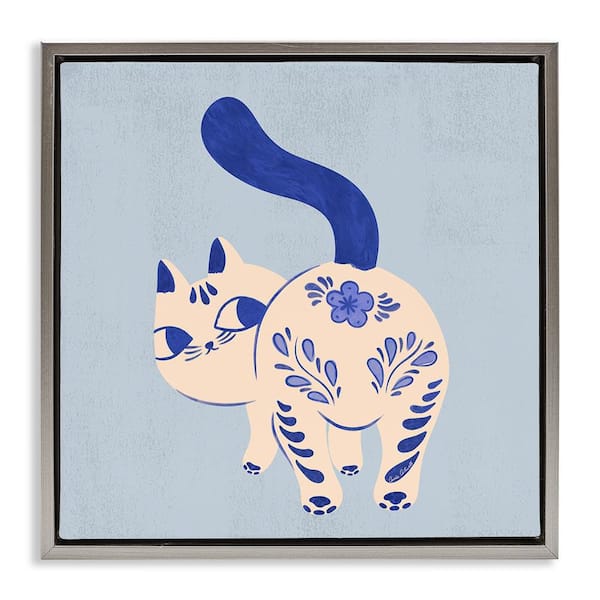Stupell Industries Purrcelin Patterned Cat by Carrie Cantwell Gray Floater Frame Animal Graphic Art Print 25 in. x 25 in.