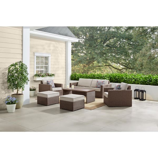 Stoneridge 6-Piece Wicker Patio Conversation Set with CushionGuard Warm Stone Cushions